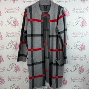 Tahari cardigan, open front waterfall, long pockets grey Red Plaid Sweater